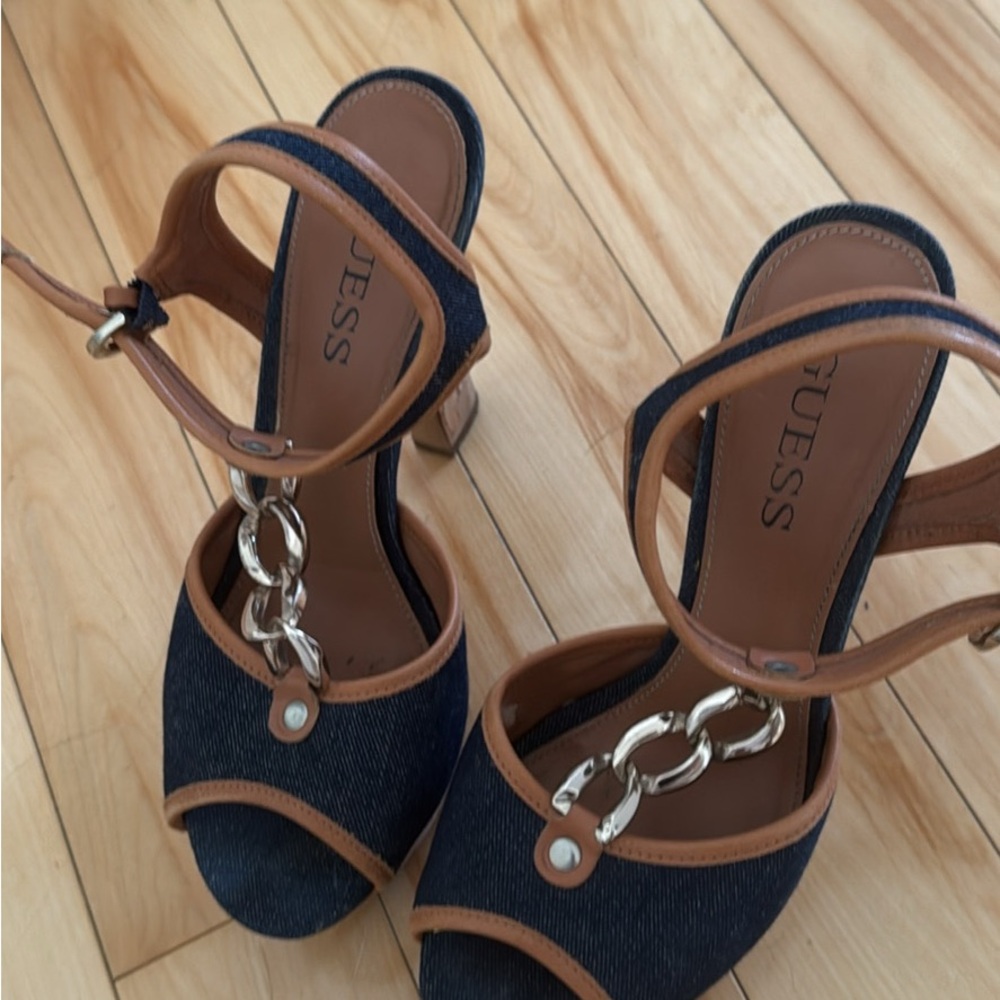 Guess Black and Tan Heels with Ankle Strap